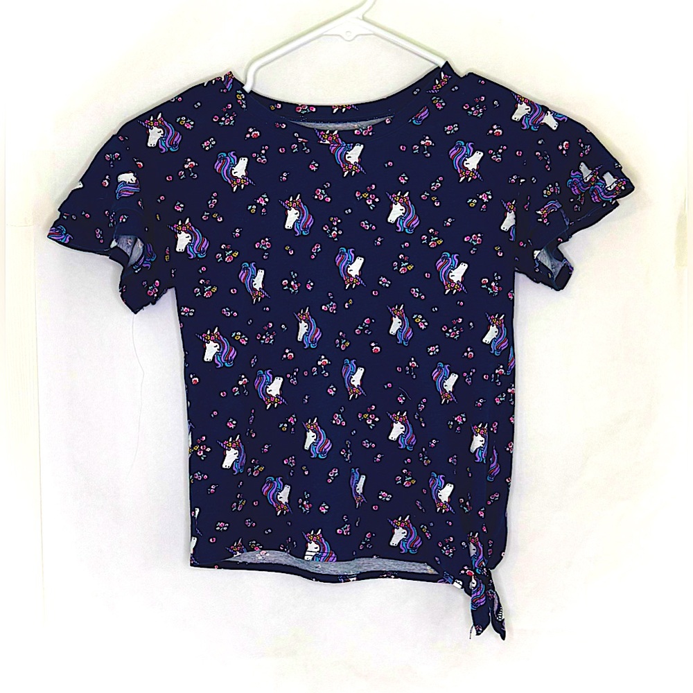 Navy Blue Unicorn Short Sleeve Shirt With Ruffled Sleeves